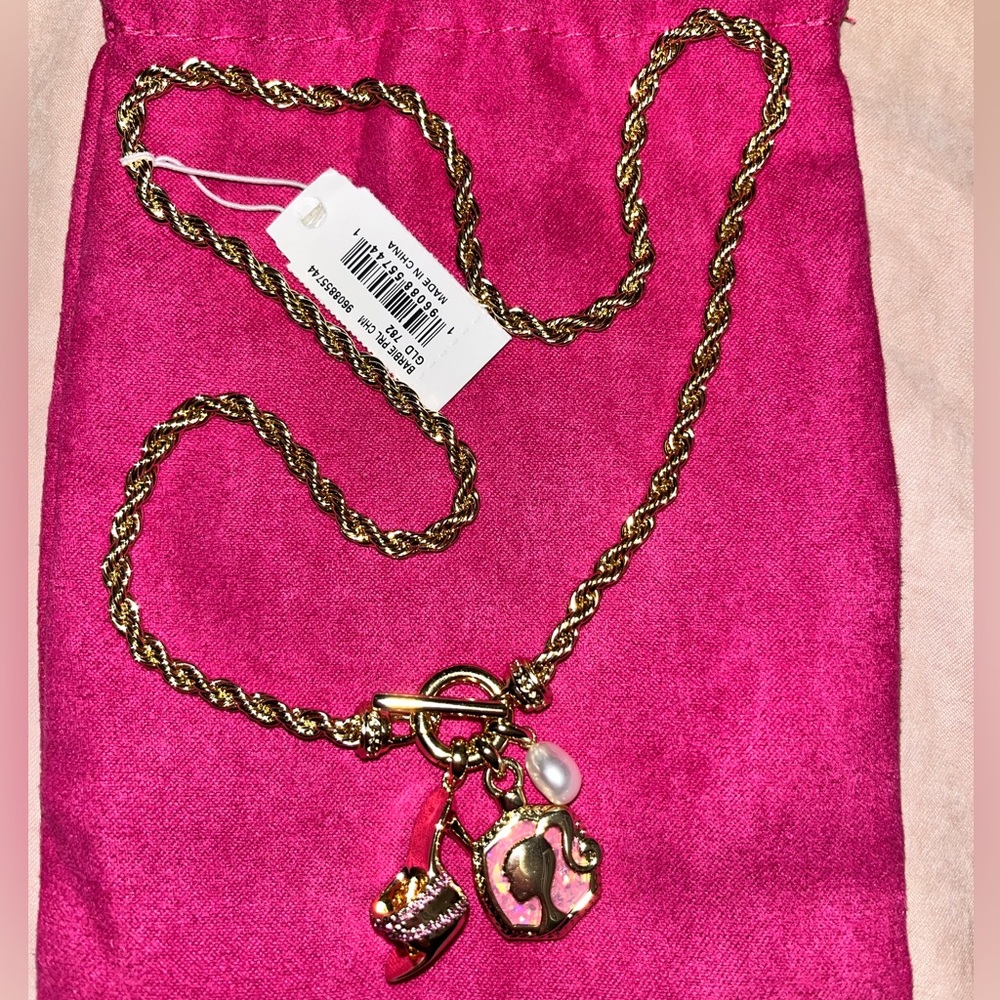 Barbie x Kendra Scott Gold Pearl Charm Necklace in Pink Iridescent Glitter Glass